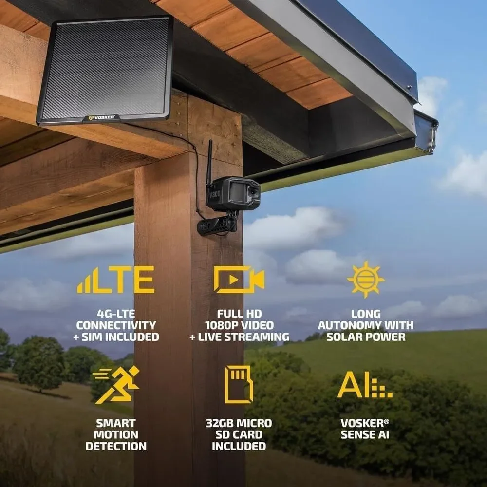 Vosker V300 Ultimate Farmers Pack Outdoor Security Camera with External Solar Pa